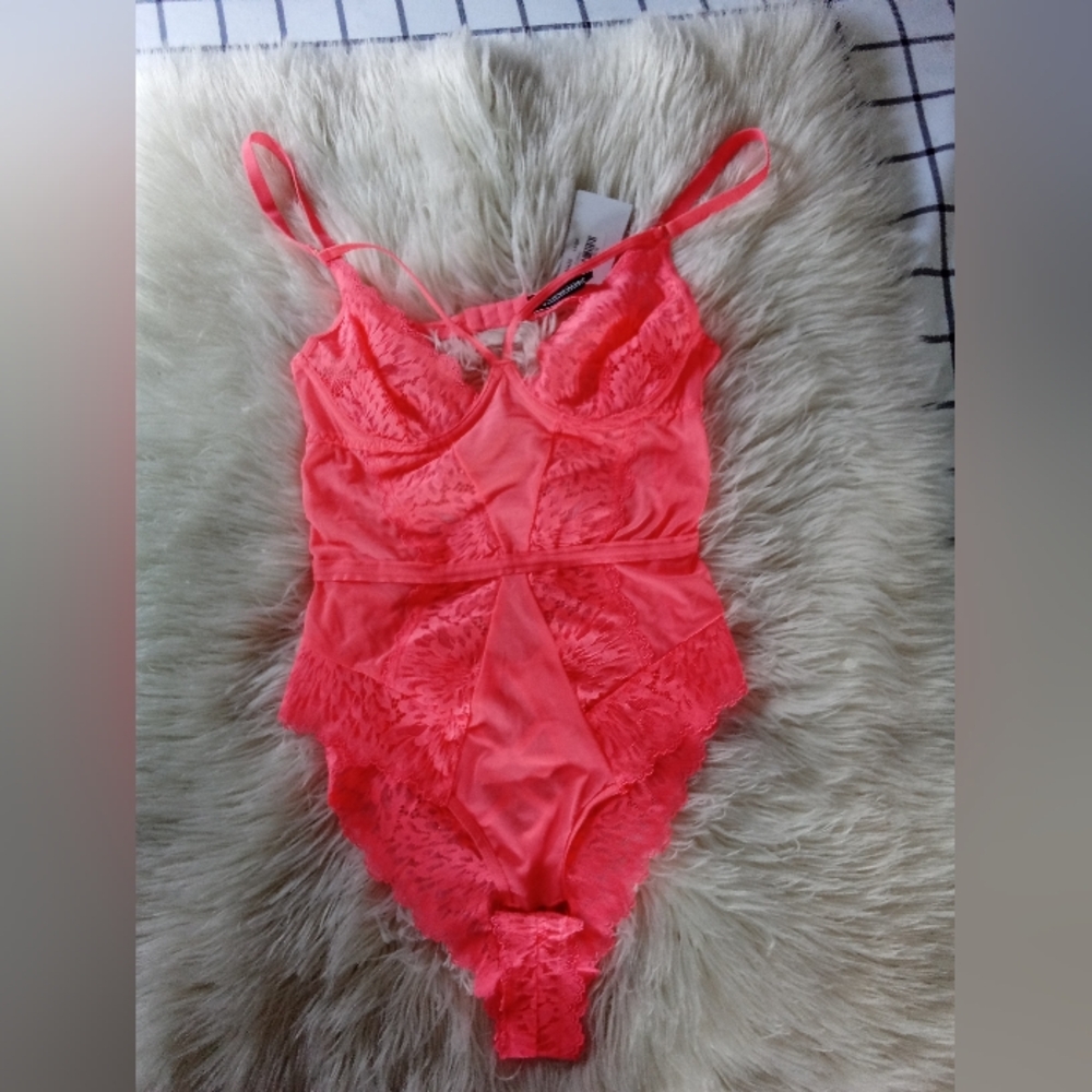 Women's Lace Lingerie Bodysuit in Blazing Coral